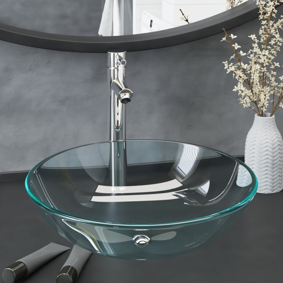 vidaXL Wastafel met kraan en pop-up afvoer gehard glas transparant afbeelding 1