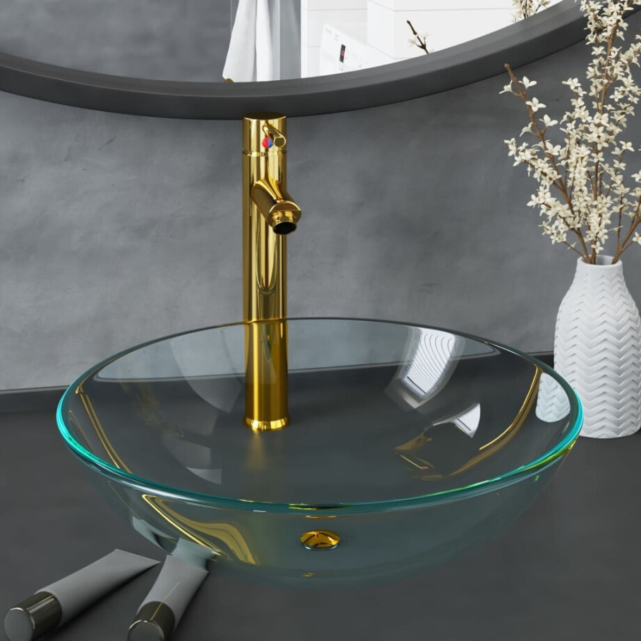 vidaXL Wastafel met kraan en pop-up afvoer gehard glas transparant afbeelding 1