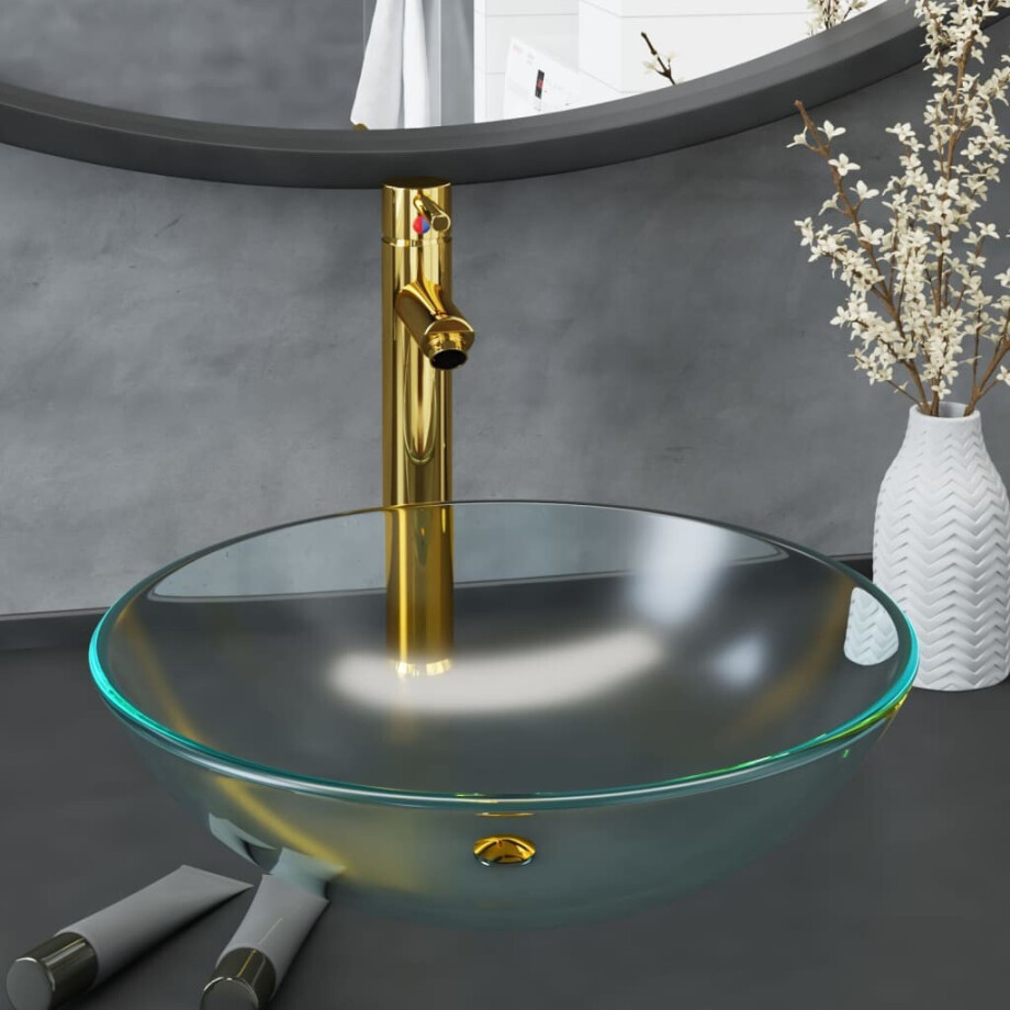 vidaXL Wastafel met kraan en pop-up afvoer mat gehard glas afbeelding 1