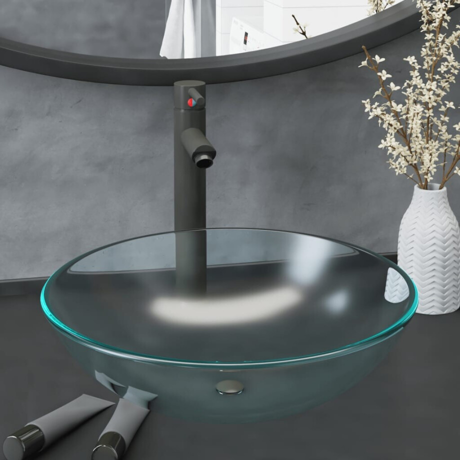 vidaXL Wastafel met kraan en pop-up afvoer mat gehard glas afbeelding 1