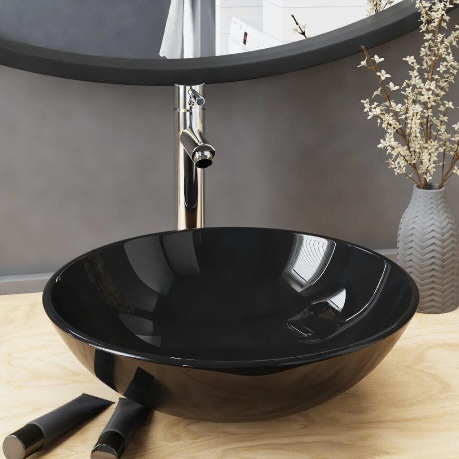 vidaXL Wastafel met kraan en pop-up afvoer gehard glas zwart afbeelding 1