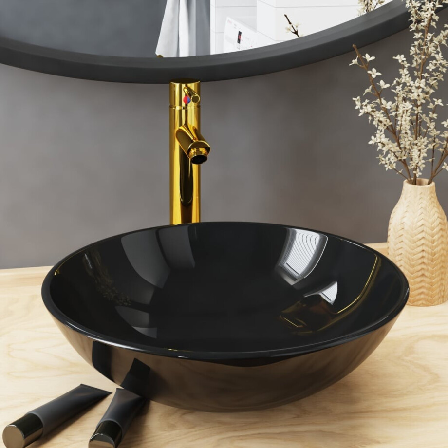 vidaXL Wastafel met kraan en pop-up afvoer gehard glas zwart afbeelding 1