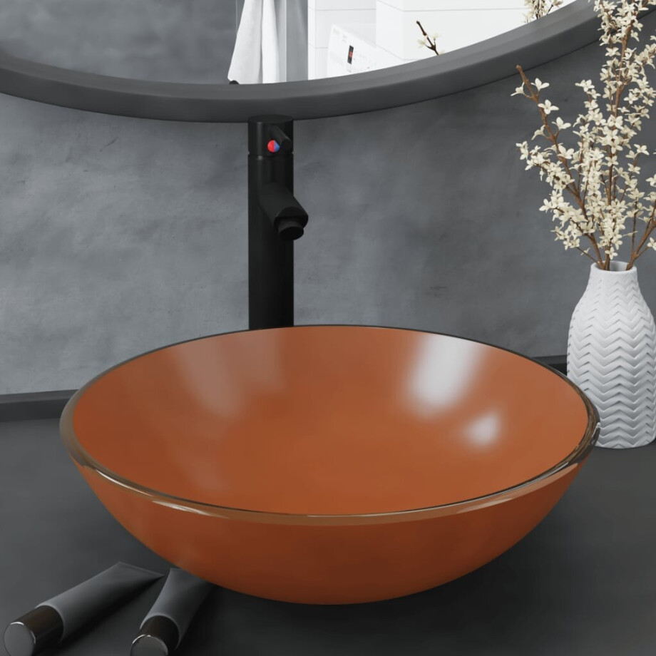 vidaXL Wastafel met kraan en pop-up afvoer gehard glas bruin afbeelding 1