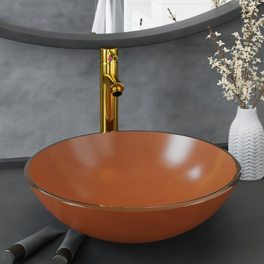 vidaXL Wastafel met kraan en pop-up afvoer gehard glas bruin afbeelding 1