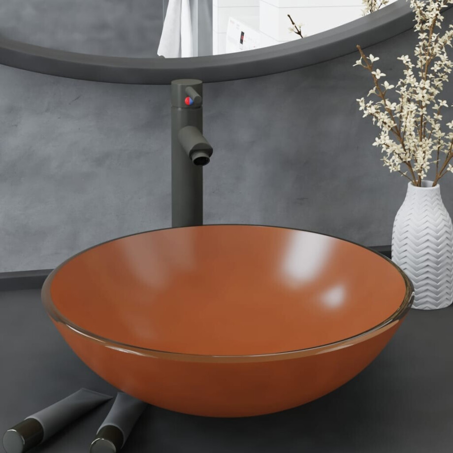 vidaXL Wastafel met kraan en pop-up afvoer gehard glas bruin afbeelding 1