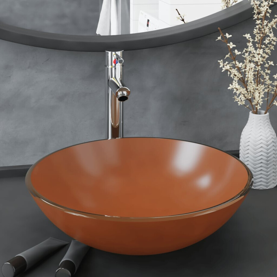 vidaXL Wastafel met kraan en pop-up afvoer gehard glas bruin afbeelding 1