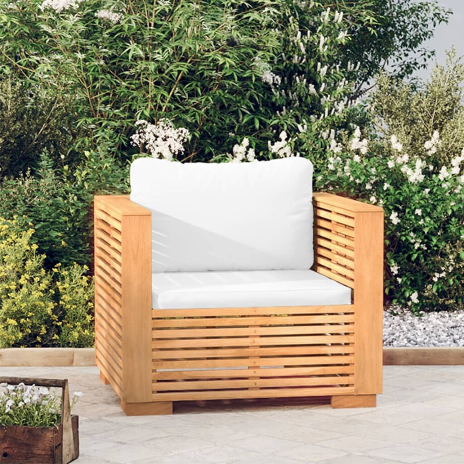 vidaXL Tuinstoel met crèmekleurige kussens massief teakhout vidaXL Tuinstoel met crèmekleurige kussens massief teakhout afbeelding 1