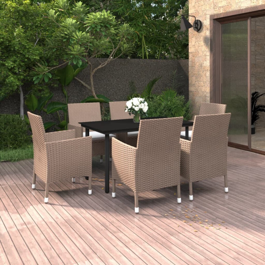 vidaXL 7-delige Tuinset met kussens poly rattan en glas vidaXL 7-delige Tuinset met kussens poly rattan en glas afbeelding 1