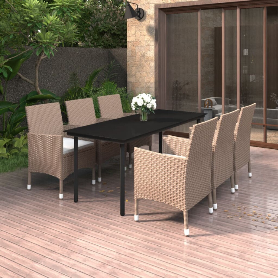 vidaXL 7-delige Tuinset met kussens poly rattan en glas vidaXL 7-delige Tuinset met kussens poly rattan en glas afbeelding 1
