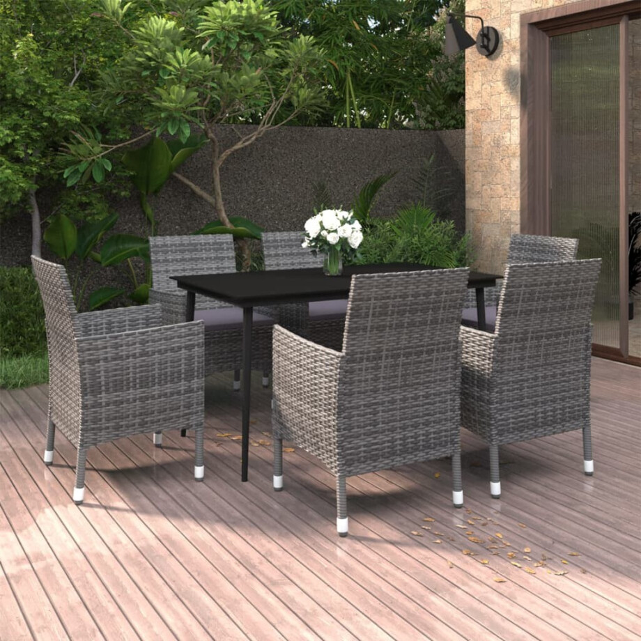 vidaXL 7-delige Tuinset met kussens poly rattan en glas vidaXL 7-delige Tuinset met kussens poly rattan en glas afbeelding 1