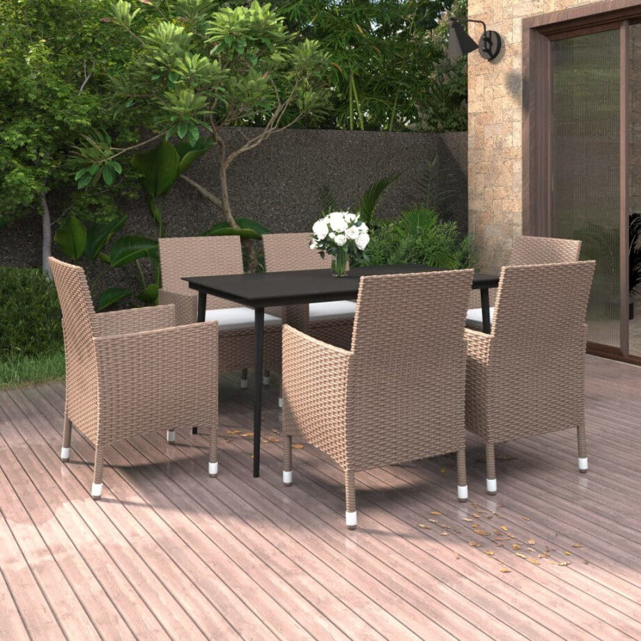 vidaXL 7-delige Tuinset met kussens poly rattan en glas vidaXL 7-delige Tuinset met kussens poly rattan en glas afbeelding 1