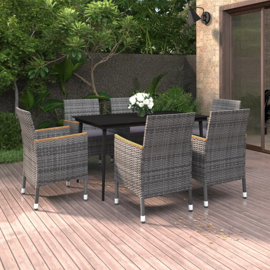 vidaXL 7-delige Tuinset met kussens poly rattan en glas vidaXL 7-delige Tuinset met kussens poly rattan en glas afbeelding 1