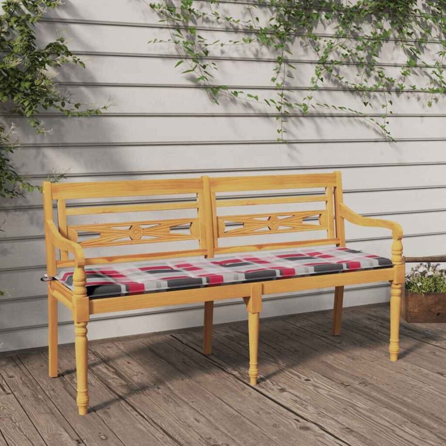 vidaXL Bankje Batavia met ruitpatroon kussen 150 cm massief teakhout afbeelding 1