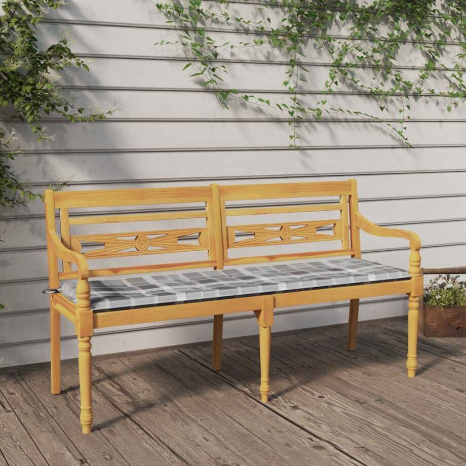 vidaXL Bankje Batavia met ruitpatroon kussen 150 cm massief teakhout afbeelding 1