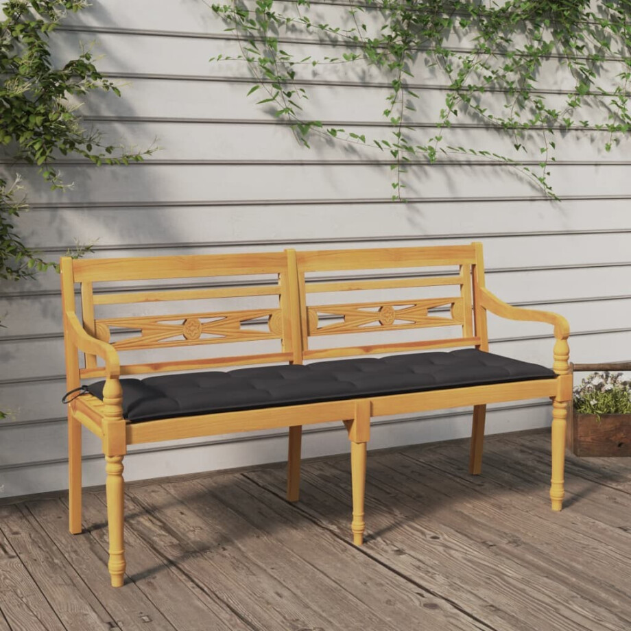 vidaXL Bankje Batavia met antracietkleurig kussen 150 cm teakhout afbeelding 1