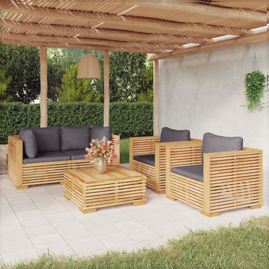 vidaXL 5-delige Loungeset met kussens massief teakhout afbeelding 1