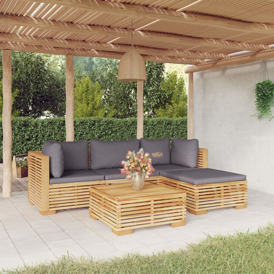 vidaXL 5-delige Loungeset met kussens massief teakhout vidaXL 5-delige Loungeset met kussens massief teakhout afbeelding 1