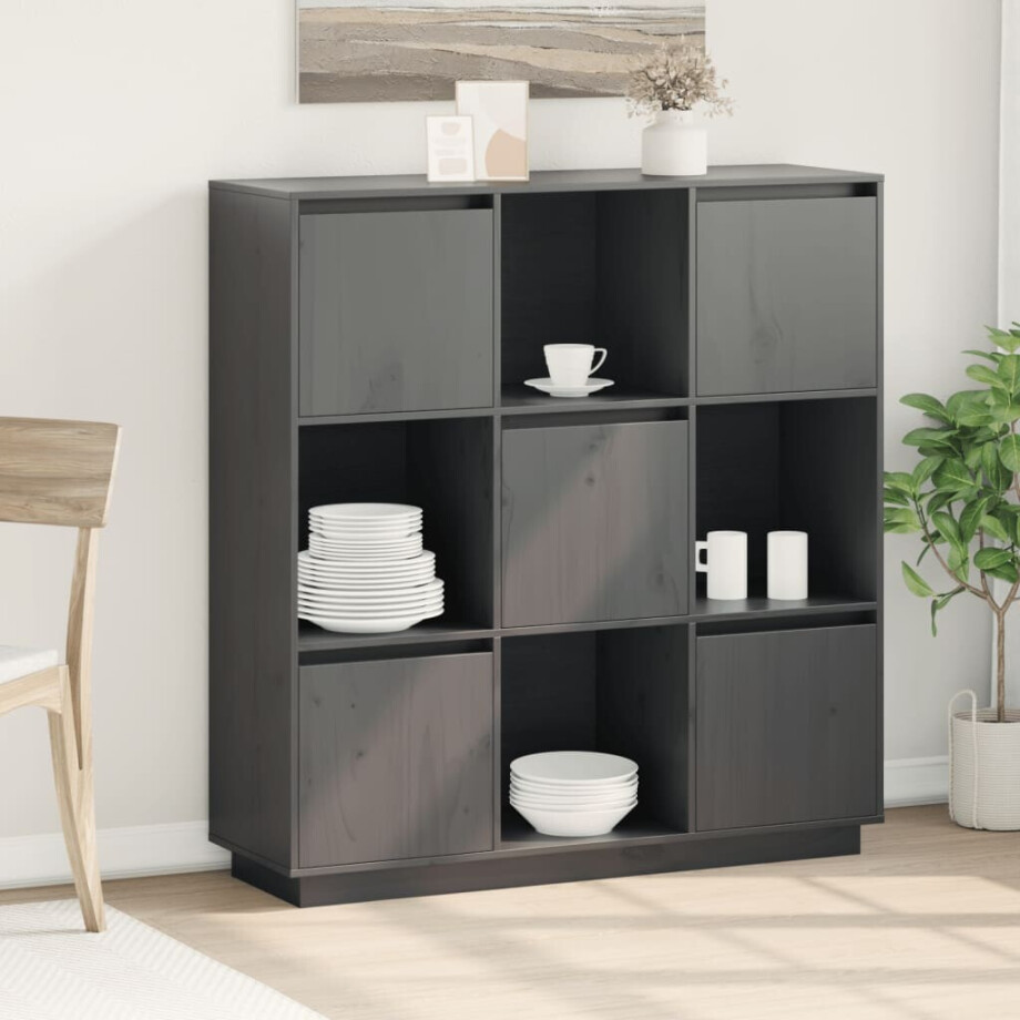 vidaXL Hoge kast 110,5x35x117 cm massief grenenhout grijs afbeelding 1