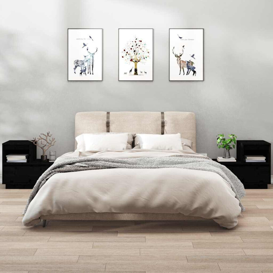 vidaXL Nachtkastjes 2 st 60x34x51 cm massief grenenhout zwart vidaXL Nachtkastjes 2 st 60x34x51 cm massief grenenhout zwart afbeelding 1
