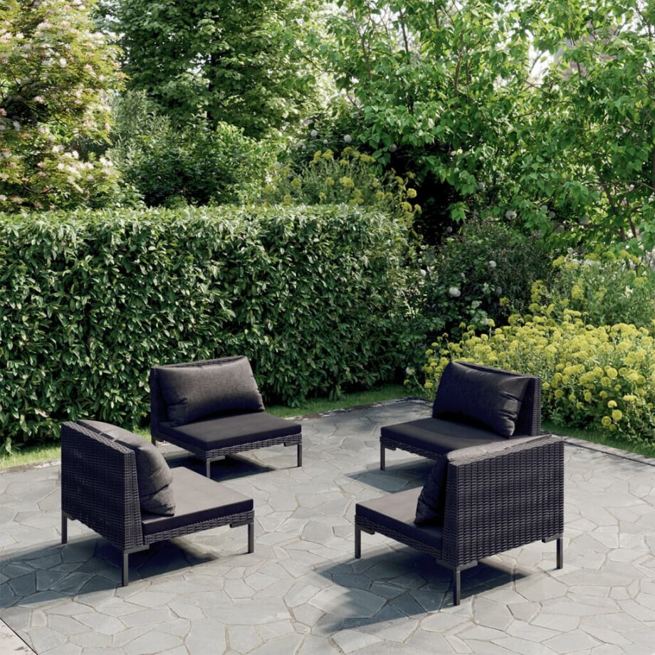 vidaXL 4-delige Loungeset met kussens poly rattan donkergrijs afbeelding 1