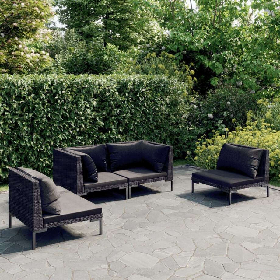 vidaXL 4-delige Loungeset met kussens poly rattan donkergrijs vidaXL 4-delige Loungeset met kussens poly rattan donkergrijs afbeelding 1