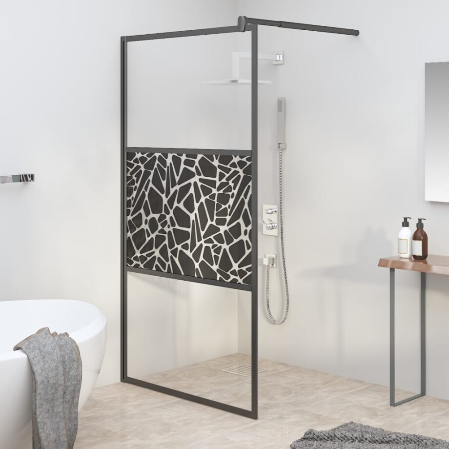 vidaXL Inloopdouchewand met stenenmotief 100x195 cm ESG-glas zwart afbeelding 1