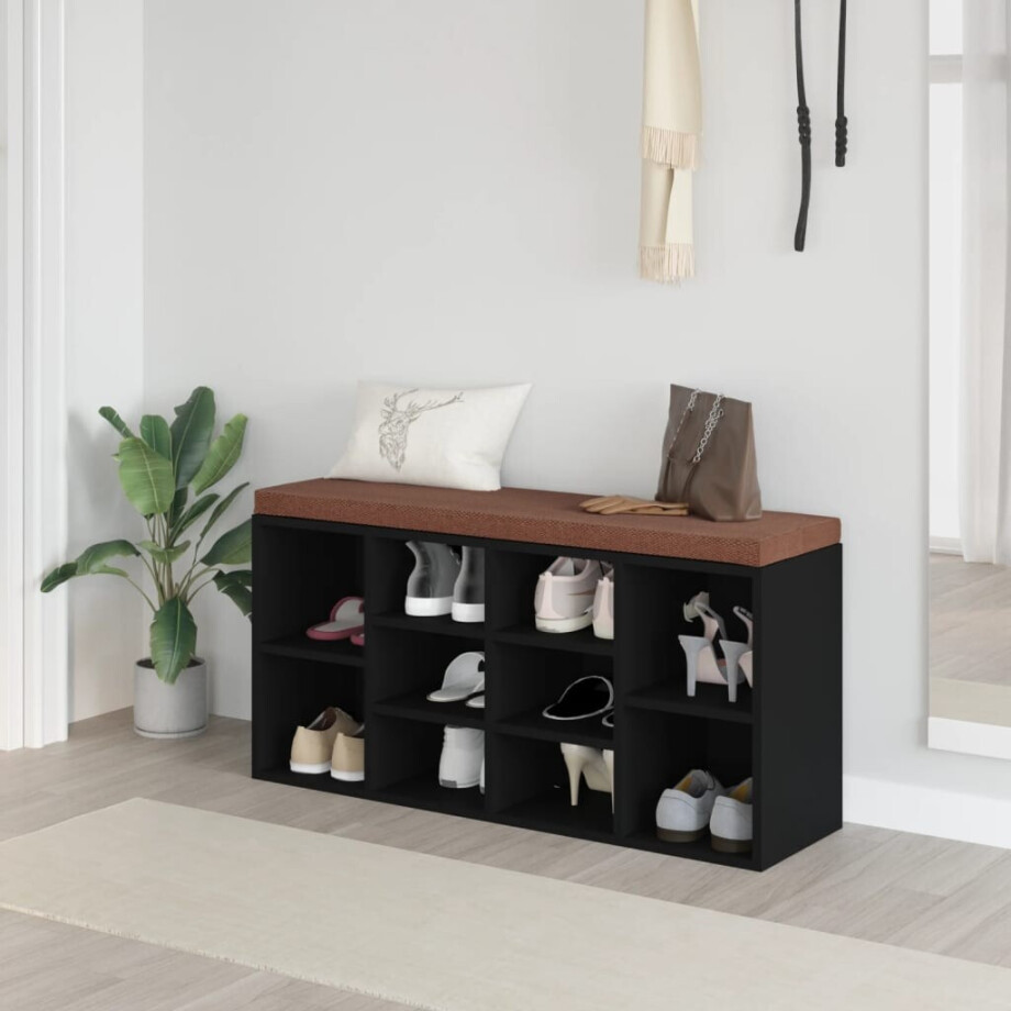 vidaXL Schoenenbank 103x30x48 cm bewerkt hout zwart vidaXL Schoenenbank 103x30x48 cm bewerkt hout zwart afbeelding 1