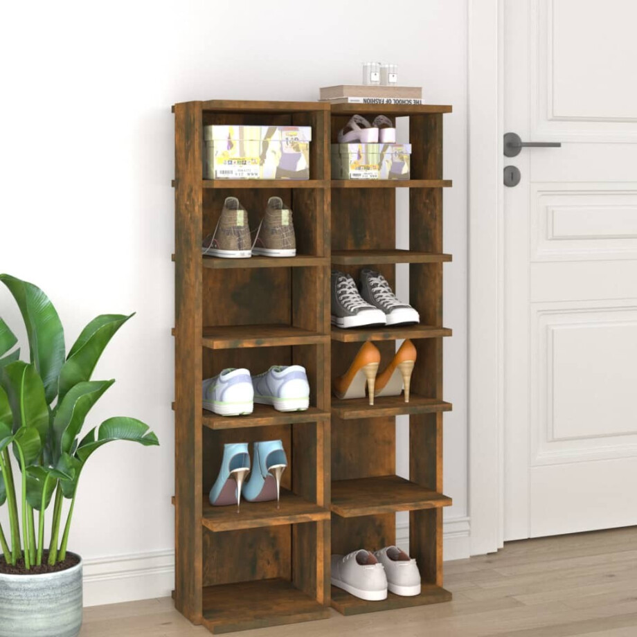 vidaXL Schoenenrekken 2 st 27,5x27x102 cm bewerkt hout gerookt eiken afbeelding 1