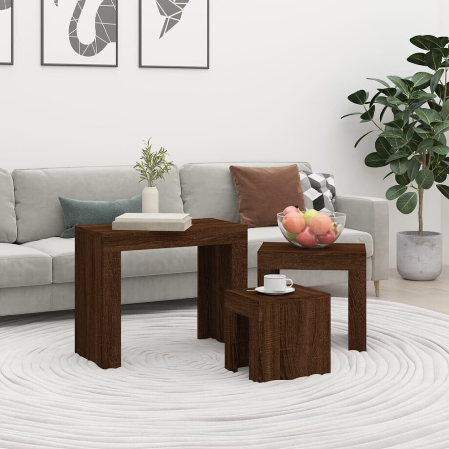 vidaXL 3-delige Tafeltjesset bewerkt hout bruin eikenkleur afbeelding 1