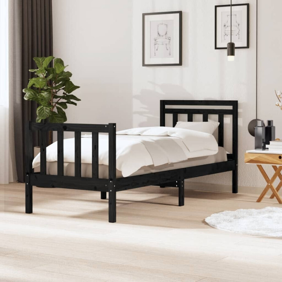 vidaXL Bedframe massief hout zwart 75x190 cm afbeelding 1