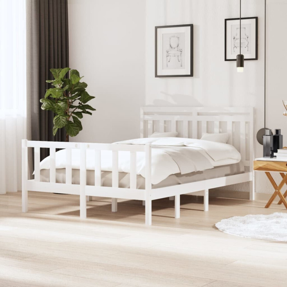 vidaXL Bedframe massief hout wit 135x190 cm afbeelding 1