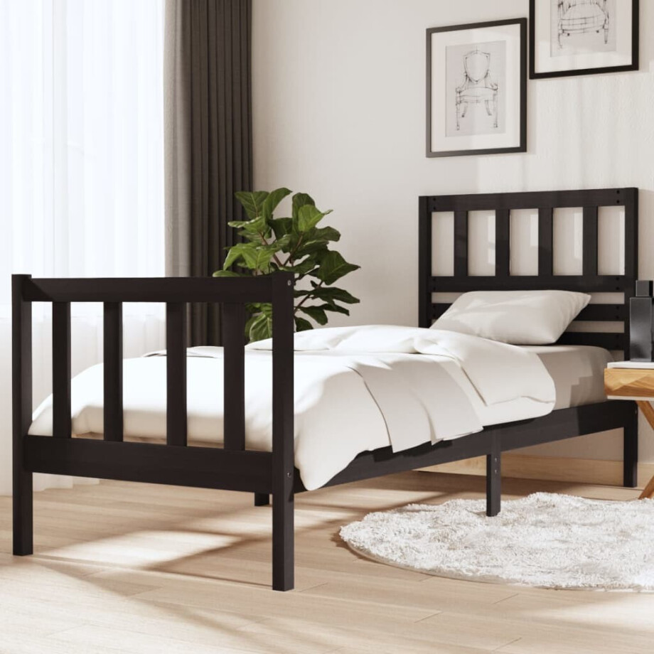 vidaXL Bedframe massief hout zwart 75x190 cm afbeelding 1