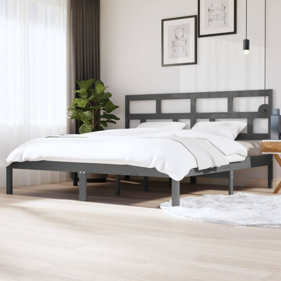 vidaXL Bedframe massief grenenhout grijs 200x200 cm afbeelding 1