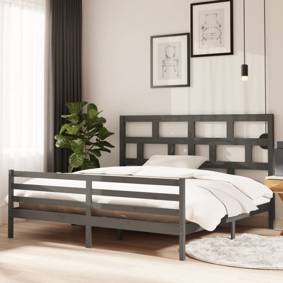 vidaXL Bedframe massief grenenhout grijs 200x200 cm afbeelding 1