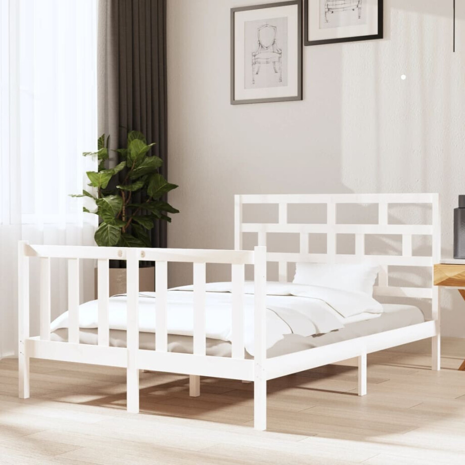 vidaXL Bedframe massief grenenhout wit 135x190 cm 4FT6 Double afbeelding 1