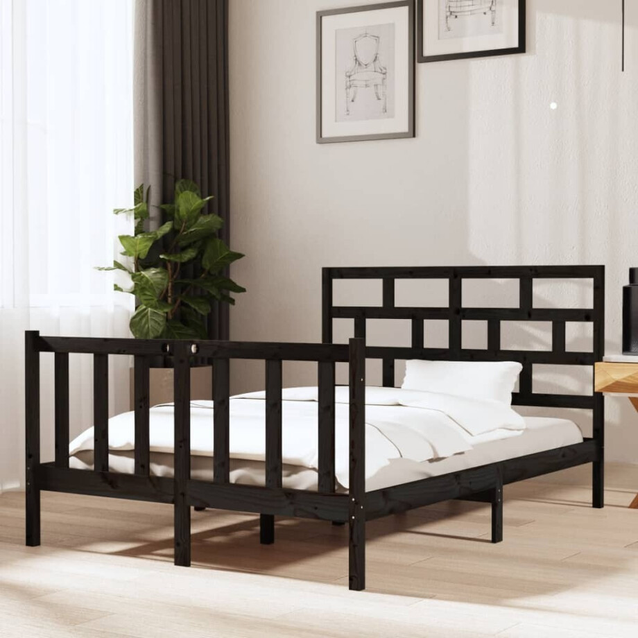 vidaXL Bedframe massief grenenhout zwart 135x190 cm afbeelding 1