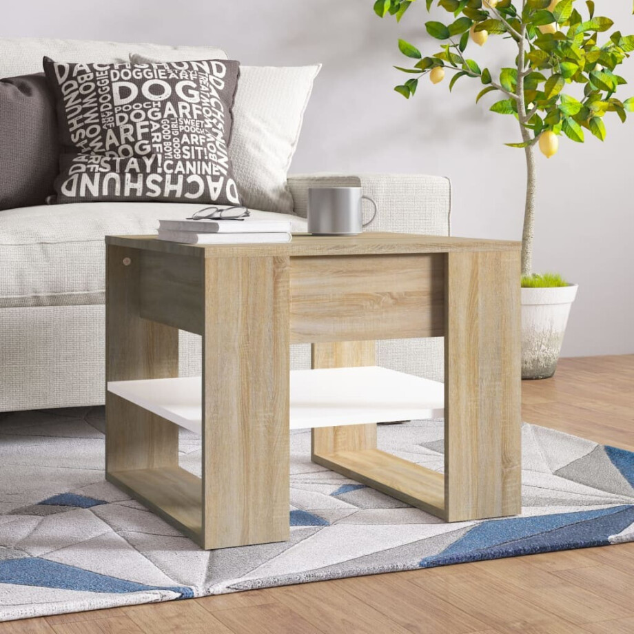vidaXL Salontafel 55,5x55x45cm bewerkt hout wit en sonoma eikenkleurig afbeelding 1