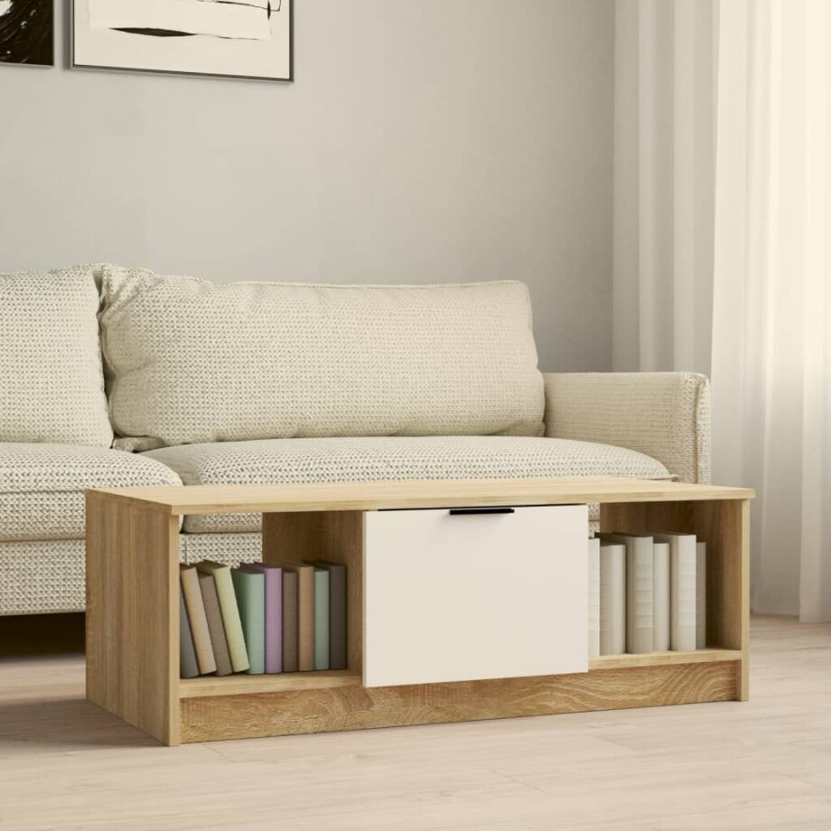 vidaXL Salontafel 102x50x36 cm bewerkt hout wit en sonoma eikenkleurig afbeelding 1