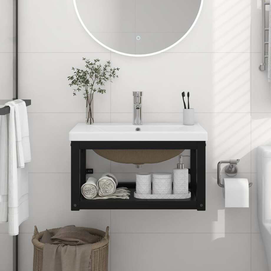 vidaXL Wastafelframe met inbouwwastafel ijzer zwart afbeelding 1