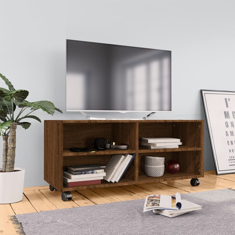 vidaXL Tv-meubel met wieltjes 90x35x35 cm bewerkt hout bruin eikenkleur afbeelding 1