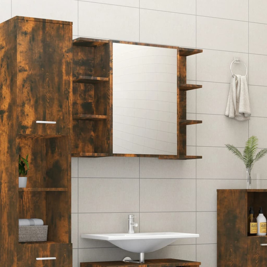 vidaXL Badkamerspiegelkast 80x20,5x64 cm bewerkt hout gerookt eiken afbeelding 1
