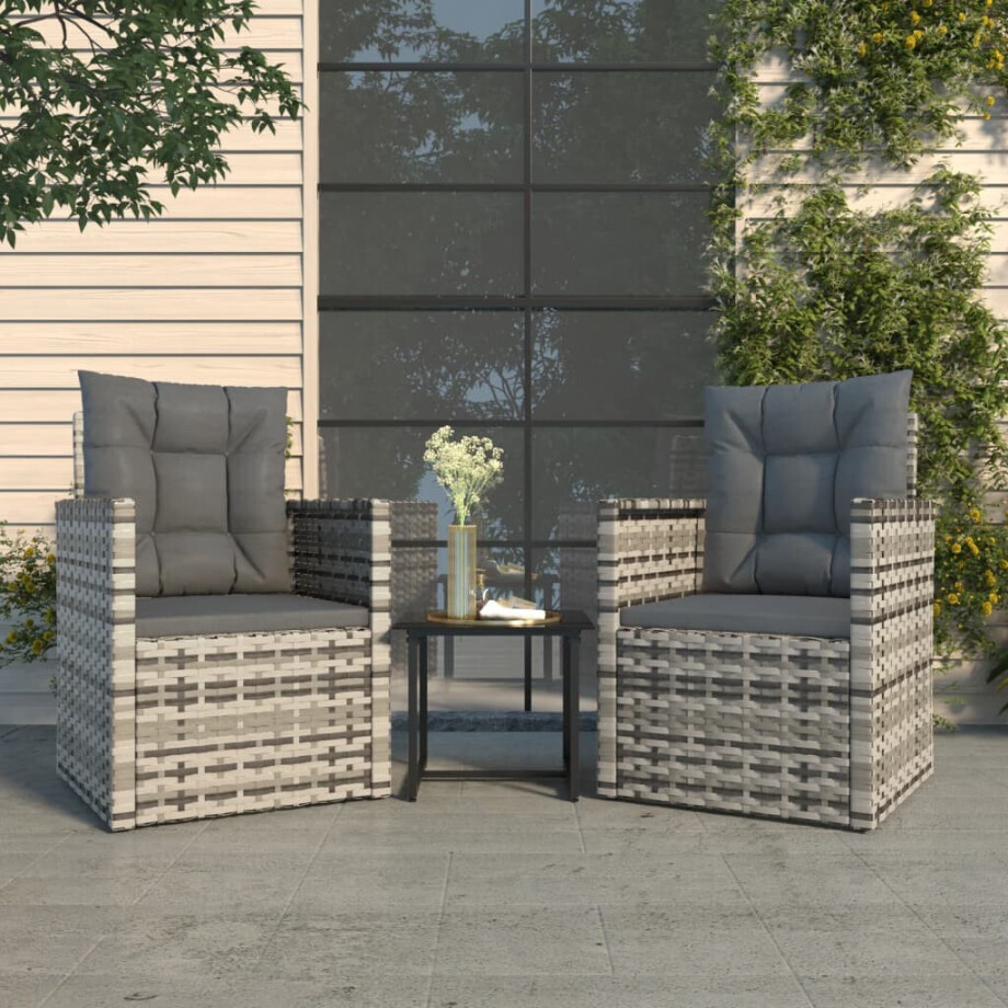 vidaXL 3-delige Loungeset met kussens poly rattan grijs afbeelding 1