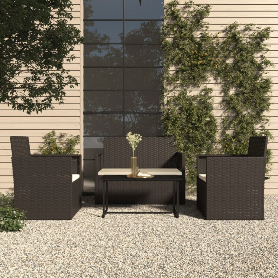 vidaXL 4-delige Loungeset met kussens poly rattan zwart afbeelding 1