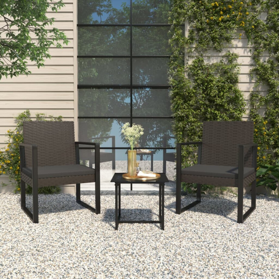 vidaXL 3-delige Loungeset met kussens poly rattan zwart afbeelding 1