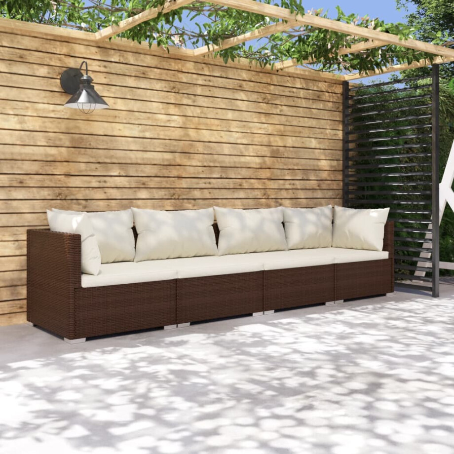 vidaXL 4-delige Loungeset met kussens poly rattan bruin afbeelding 1