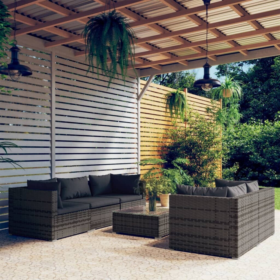 vidaXL 6-delige Loungeset met kussens poly rattan grijs afbeelding 1