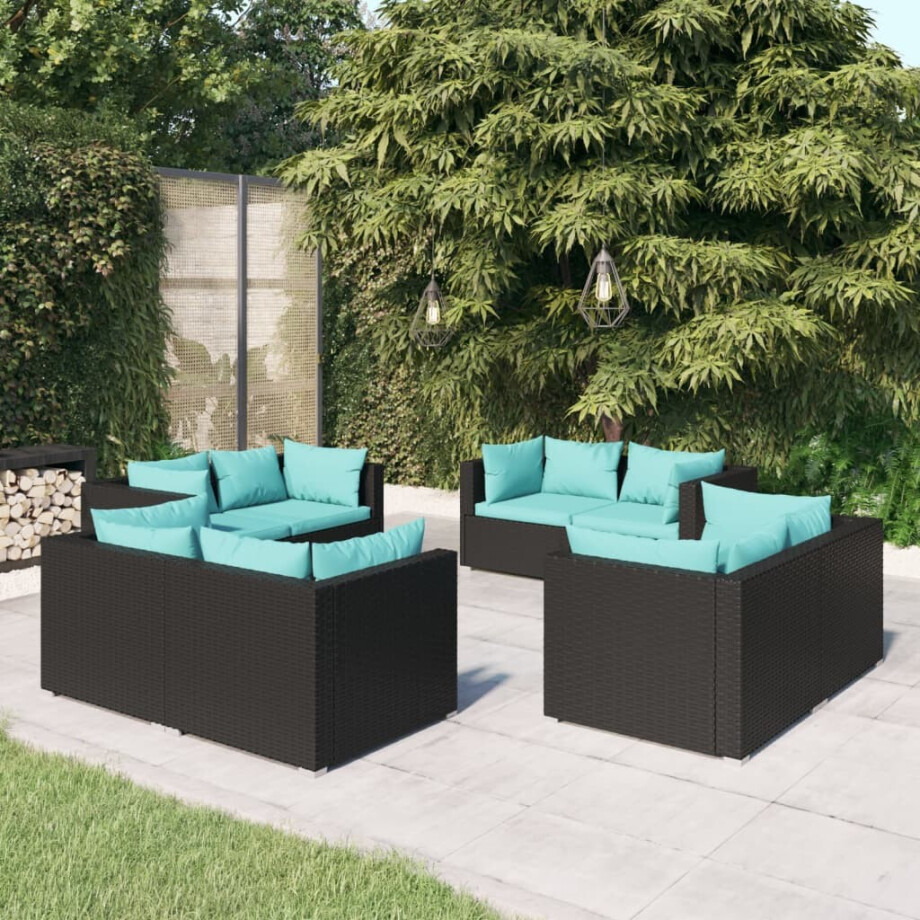 vidaXL 8-delige Loungeset met kussens poly rattan zwart afbeelding 1