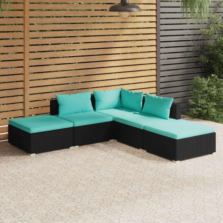 vidaXL 5-delige Loungeset met kussens poly rattan zwart afbeelding 1