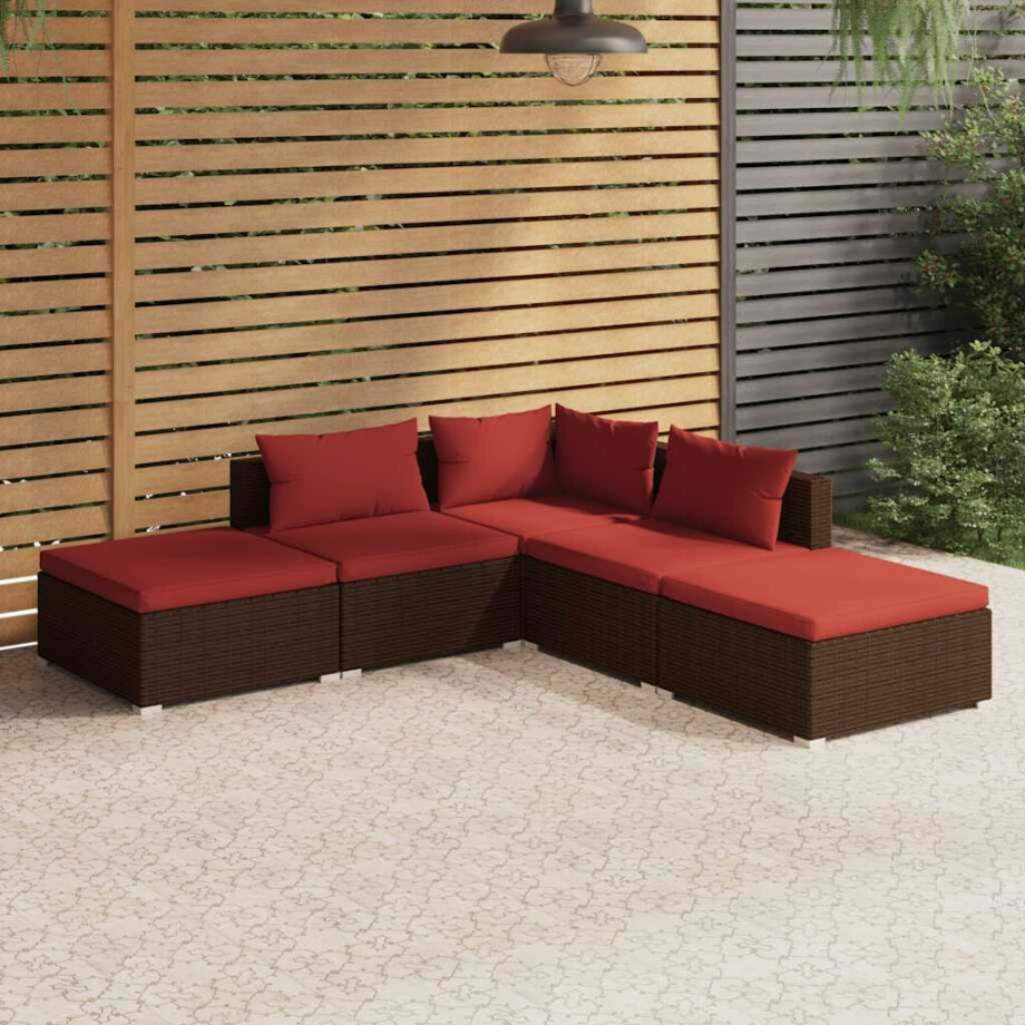 vidaXL 5-delige Loungeset met kussens poly rattan bruin afbeelding 1