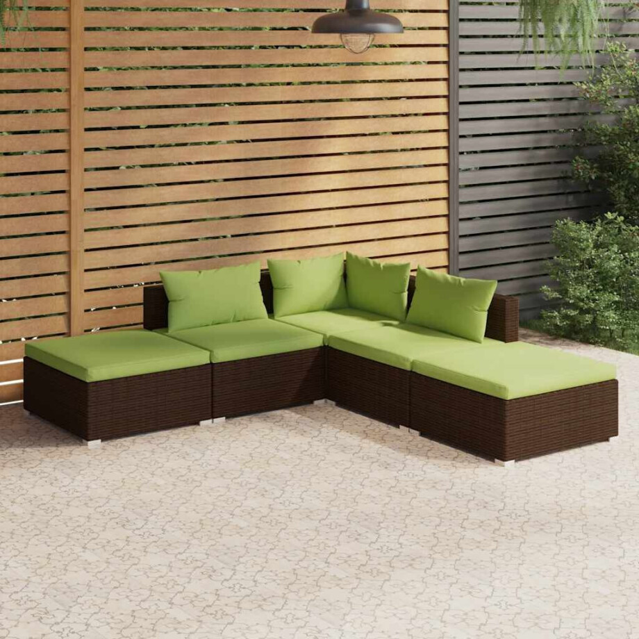 vidaXL 5-delige Loungeset met kussens poly rattan bruin afbeelding 1
